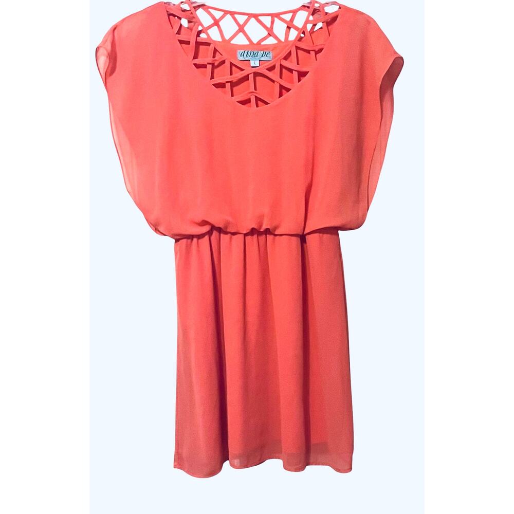 DINA BE ROUND NECK BLOUSON WAIST MIDI FIT & FLARE DRESS. WOMENS, L, PEACH